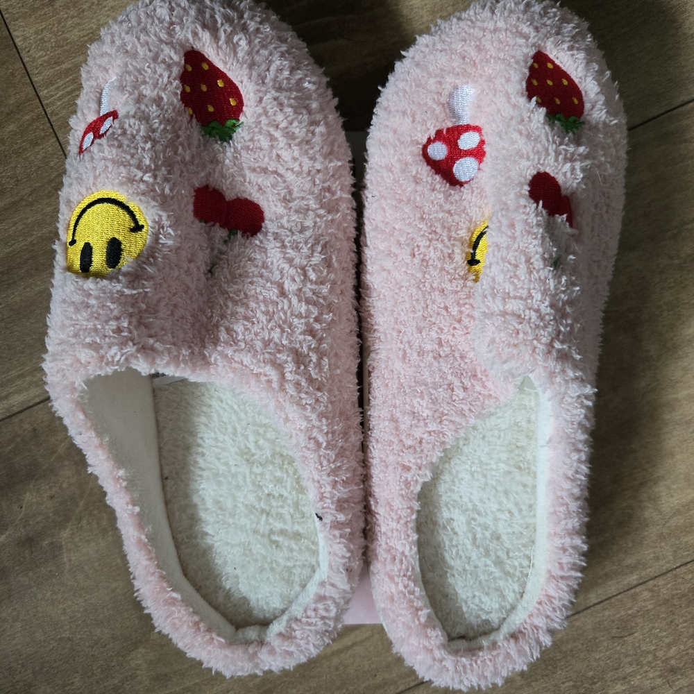 Pink Fuzzy Slippers with Fun Embroidery
